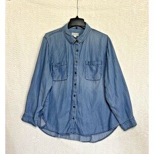 Ava & Viv Button Up Shirt Womens 2X Plus Blue Chambray Long Sleeve Relaxed Fit